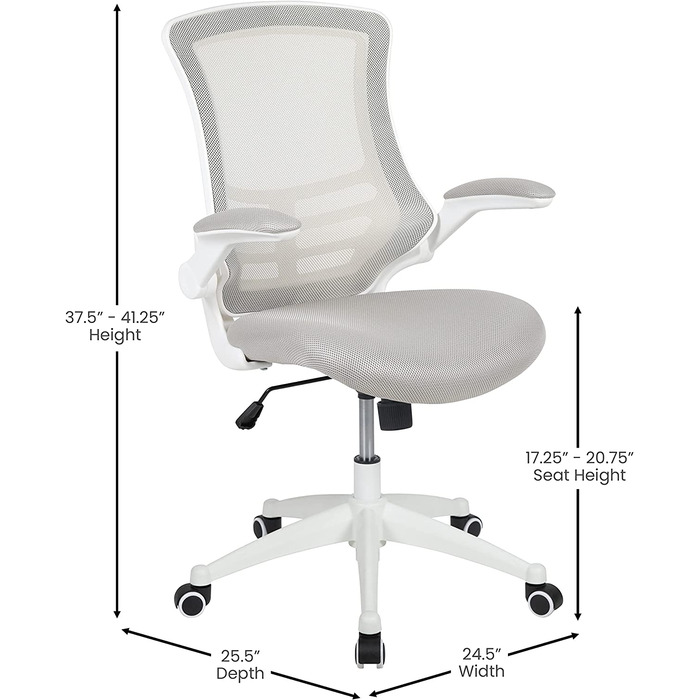 Ергономічне офісне крісло Flash Furniture, сітка, середньої висоти, з відкидними підлокітниками, світло-сіра сітка/білий каркас, 64.77x62.23x104.78 см