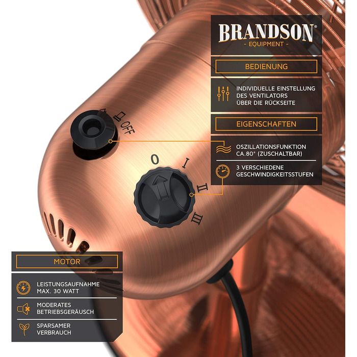 Вентилятор настільний Brandson мідний, 3 швидкості, з осциляцією 80° та нахилом 40°, металевий корпус