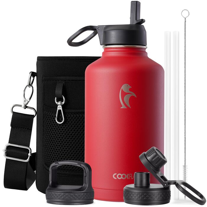 Термофляга Coolflask 2л зі сталі з трубою та 3 кришками, ізольована пляшка для води для спорту та офісу, герметична, червона