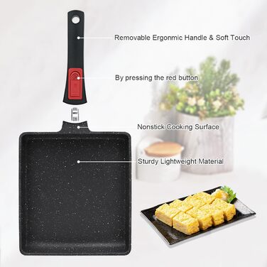 Японська омлетниця Tamagoyaki AIKENBBKK, антипригарна сковорода 23x21 см зі знімною ручкою, для духовки та посудомийної машини, чорна