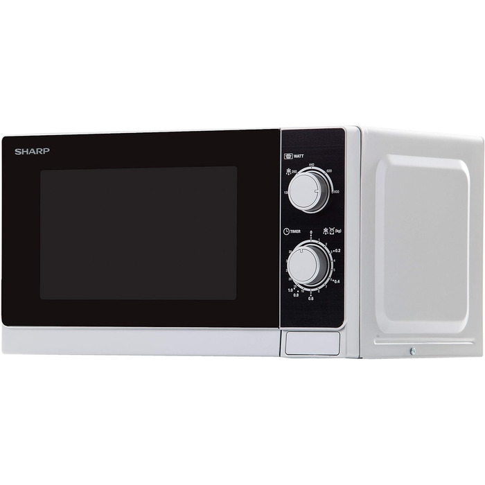 Мікрохвильова піч Sharp R200INW 20 л, 800 Вт, 5 режимів, таймер 35 хв, розморожування за вагою, енергозбереження, скляний піддон 25,5 см, срібляста