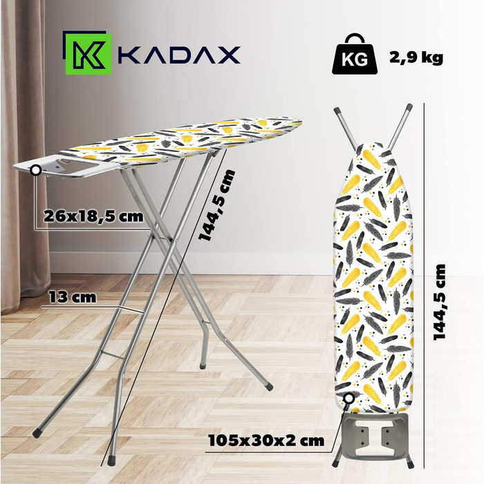 Праскадошка KADAX для прасування з парогенератором, регульована висота, знімний чохол, антиковзні ніжки, 105x30 см, білий/сріблястий