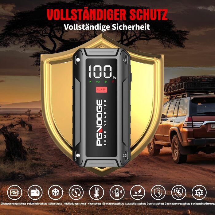 Бустер автомобільного акумулятора Starthilfe Powerbank 26800mAh 6000A з LED-ліхтарем та дисплеєм для авто, SUV, мотоциклів та газонокосарок, чорний