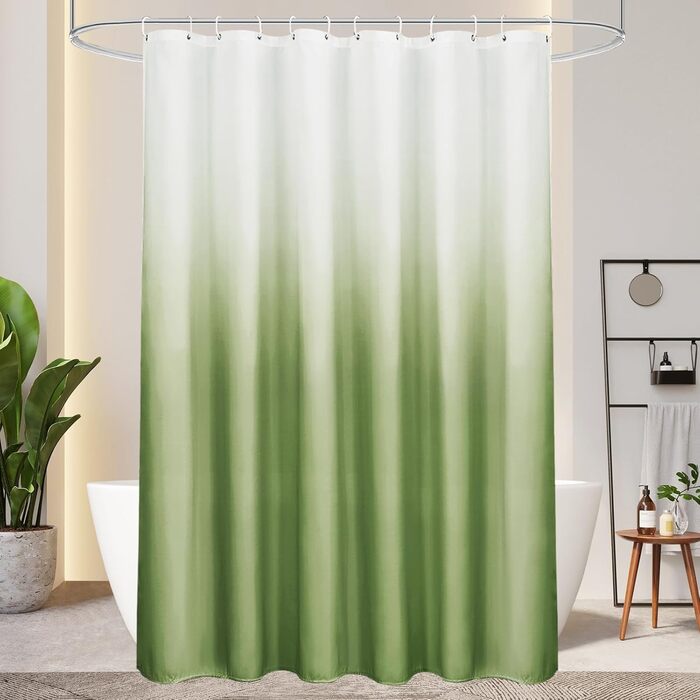 Душова завіса AooHome 180x200 см, текстильна, зелена, водонепроникна, антипліснява, з 12 кільцями, градієнт білий-зелений, для ванної кімнати