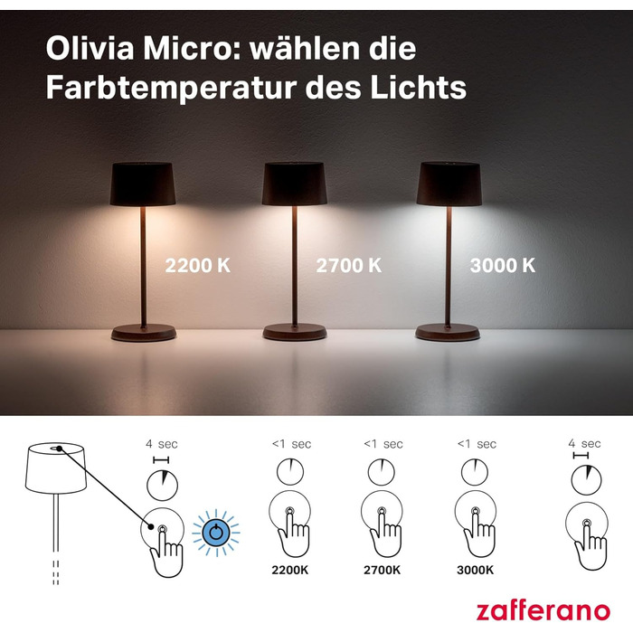 Zafferano Olivia Micro - Бездротова LED-лампа настільна з торшетом, для дому та саду, сенсорне керування, 2200-3000K, 20 см, Corten