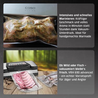 Вакууматор для продуктів CASO VRH 690 advanced: професійний вакуумний пакувальник, 20 л/хв, подвійний шов, вбудований різак, 150 циклів безперервно, з 2 рулонами плівки
