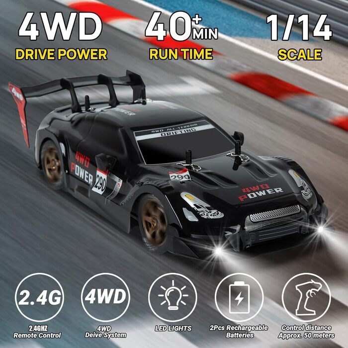 RC Автомобіль для дрифту 1:14 4WD GT – Радіокерування, пропорційний газ, чорний колір – Іграшка для дітей та дорослих