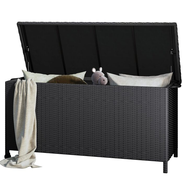 Ящик для зберігання садовий плетений Grand Patio 480л з кришкою, газліфтом, колесами, чорний