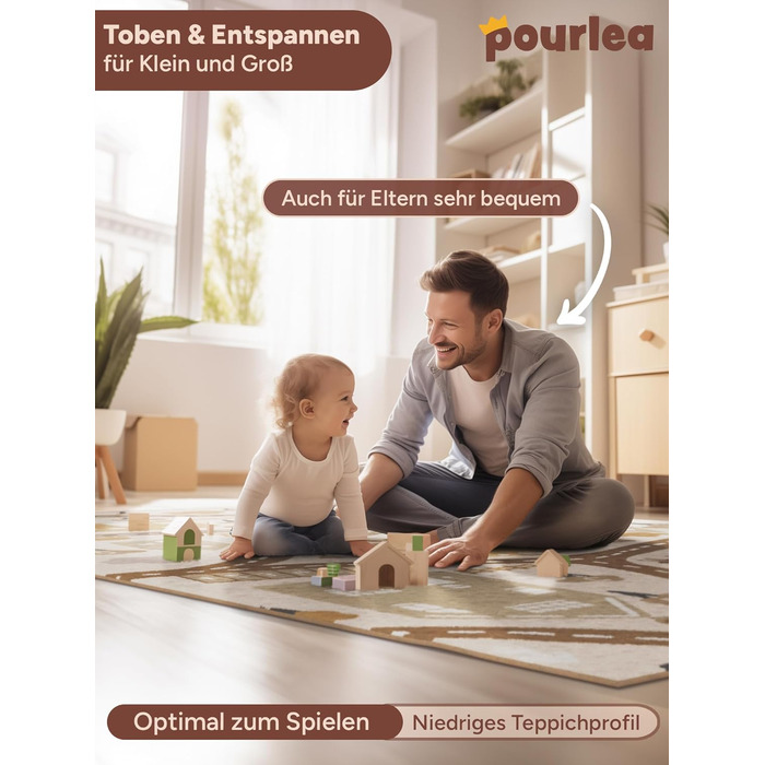 Дитячий килим pourlea 120x160 см, двосторонній, ОекоТекс, бежевий, ігровий сафарі та автодороги, для хлопчиків і дівчаток