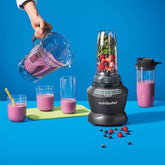 Блендер Nutribullet 1000 Вт, електричний, 1,6 л, мультифункціональний, сірий, модель NBF450DG (2020), професійний стаціонарний міксер