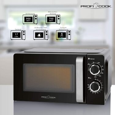 Мікрохвильова піч з грилем ProfiCook PC-MWG 1208, 17 л, 900 Вт гриль, 700 Вт мікрохвилі, 6 режимів, таймер 30 хв, чорна