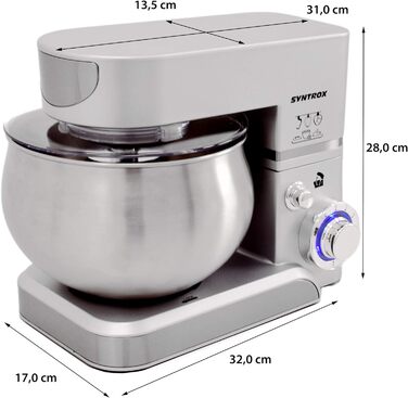 Кухонна машина Syntrox Germany KM-5.0L Basic Silver, 5 л, срібляста, міксер з нержавіючої сталі