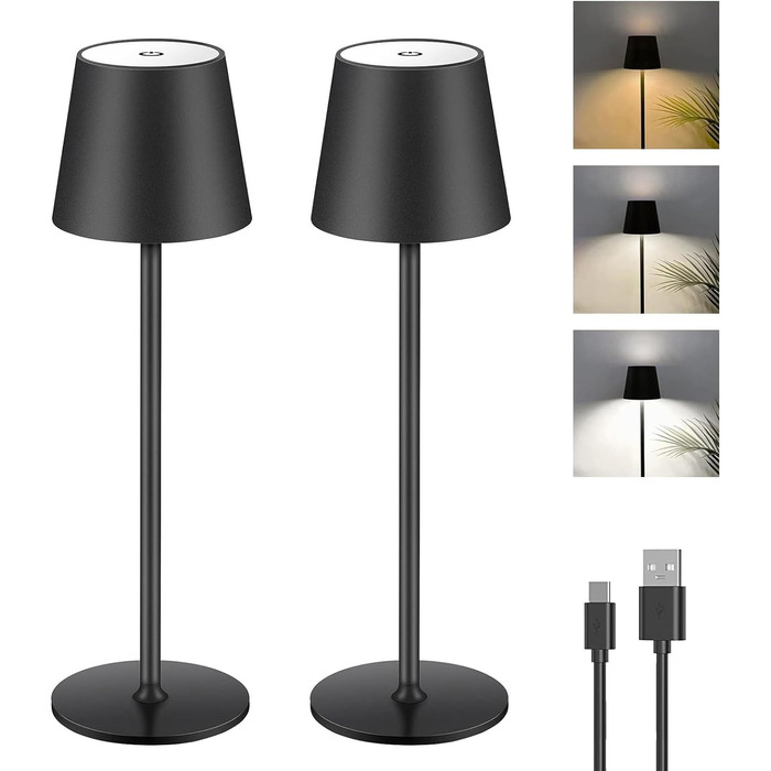Диммерна LED лампа на акумуляторі 2 шт., сенсорне керування, USB-C, металева, перезаряджається, для вулиці та дому, IP44, 5600mAh, 5W, чорна