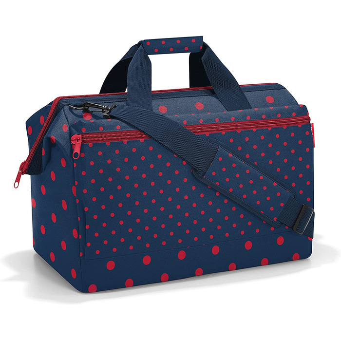 Сумка Reisenthel Allrounder L Pocket, універсальна дорожня та робоча докторська сумка з кишенею, для подорожей, роботи та відпочинку, з функцією кріплення на валізу, червона з принтом Mixed Dots