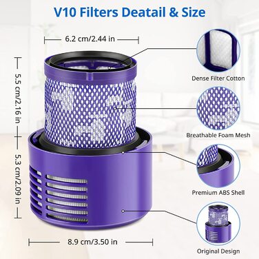 Миючий фільтр JORAIR для пилососа Dyson V10 SV12, сумісний із Absolute, Animal, Total Clean, Motorhead, змінний фільтр, набір 2 шт, заміна DY-969082-01
