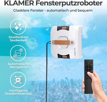 Робот-прибиральник вікон KLAMER 3500 Pa – автоматичний мийник вікон з резервуаром 100 мл, функцією вологого прибирання, розпізнаванням країв, тихий (60 дБ), захист від падіння та смарт-планування. Білий