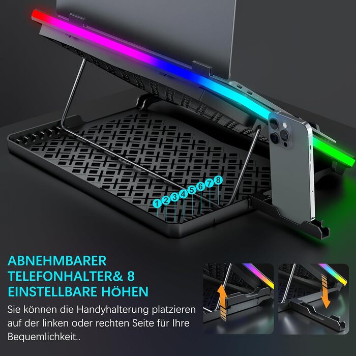 Охолоджувач для ноутбука RGB Gaming — підставка з вентиляторами для ігрового ноутбука, для столу та колін