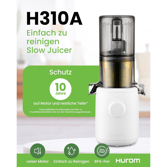 Шовковий відцентровий соковичавник Hurom H310 | Електричний соковичавник для овочів та фруктів | 150 Вт, BPA Free, Антрацит