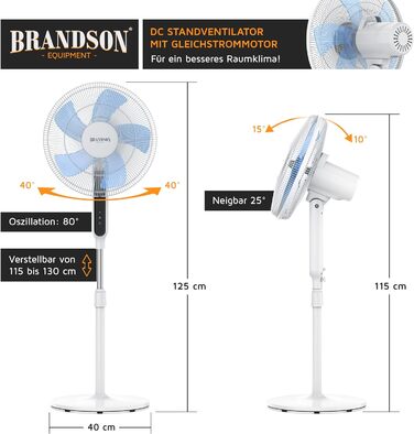 Підлоговий вентилятор Brandson ECO з безщітковим двигуном, тихий, енергозберігаючий, 12 швидкостей, LED дисплей, таймер, дистанційне керування, 80° осциляція, переможець 2024 року