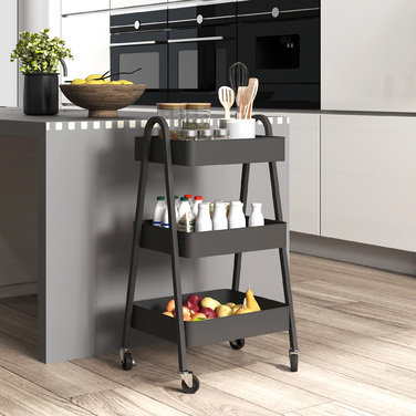 Сервірувальний візок HOMCOM з 3 ярусами Кухонний візок з коліщатками Візок з гальмом Кухонна полиця Кухонний візок Універсальний візок для кухні Офіс Ванна кімната, чорний