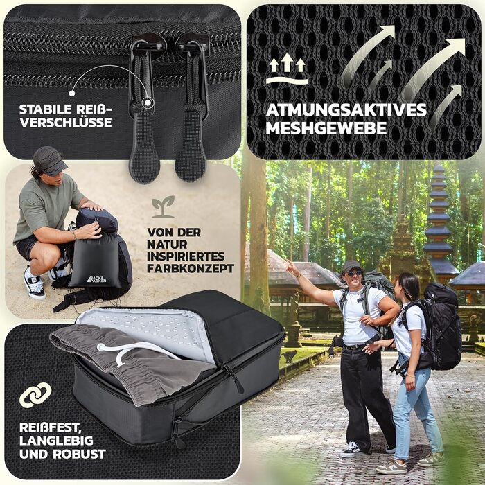 Набір компресійних органайзерів для подорожей BACK&PACKER® (6 предметів) — сумки-пакувальники з переробленого матеріалу для валізи та рюкзака, включаючи мішок для вологого одягу, чорний