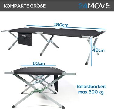 Розкладне кемпінгове ліжко 24MOVE® для відпочинку на природі та вдома, витримує до 200 кг, 210x72x45 см, чорне, з сумкою для транспортування