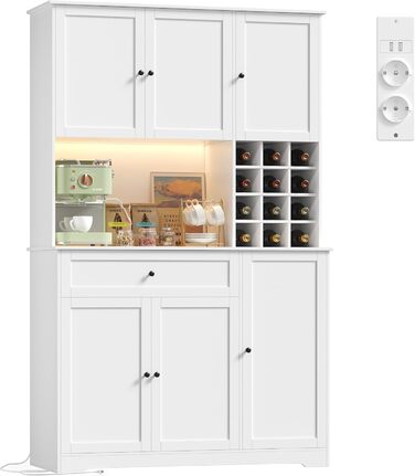 Кухонна шафа FirFurd 180 см з LED-підсвічуванням, буфет, sideboard з розеткою, стільниця, вітрина для 12 пляшок вина, білий колір, 180x100x39 см