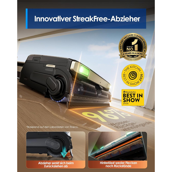 Tineco Floor One S9 Master: Потужний акумуляторний пилосос 2-в-1 для вологого та сухого прибирання, 22000 Па, анти-заплутування, гаряче сушіння 85°C, до 50 хв роботи, для твердих підлог та шерсті тварин