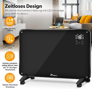 Електричний скляний конвектор TRESKO 2000Вт з WiFi, сенсорним керуванням і LCD-дисплеєм, настінний або підлоговий, чорний