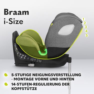 Дитяче автокрісло LIONELO BRAAM i-Size 0-36 кг, 360° обертання, ISOFIX, опора, регульовані підголівник і спинка, сіра вставка
