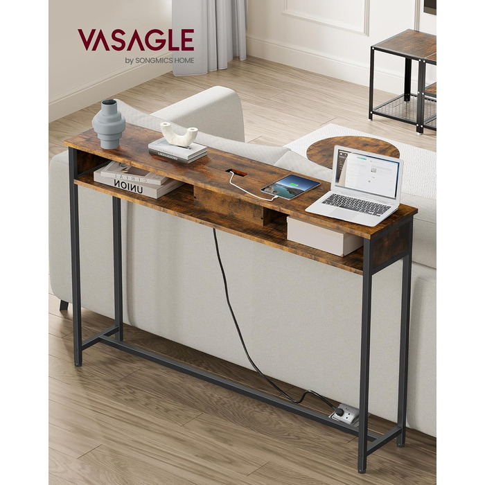 Консольний стіл VASAGLE з розетками, 2 полички, вузький, 25x120x81 см, для передпокою та вітальні, вінтажний коричнево-чорний