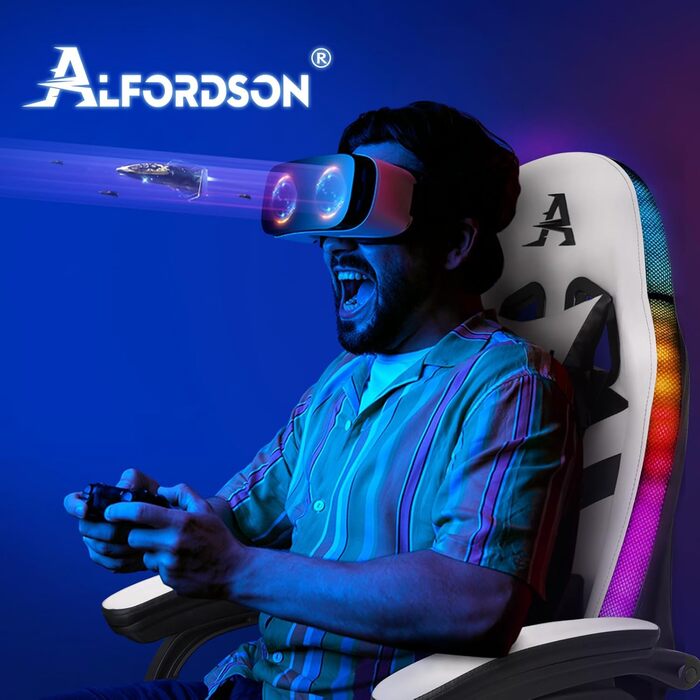 Ігрове крісло ALFORDSON з LED RGB підсвіткою, масажем, підставкою для ніг, ергономічне, біле