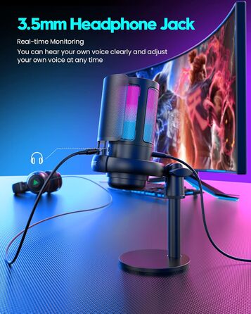 Ігровий мікрофон COCONISE RGB для ПК, стримінгу, подкастів, PS4, PS5, Mac. USB мікрофон з регулюванням гучності та 3.5 мм роз'ємом.