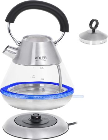 Електричний чайник Adler AD 1282 скляний 1,5 л, підсвітка, бездротовий, BPA-free, автоматичне вимкнення, 2200 Вт, вінтажний дизайн, прозорий/сталь