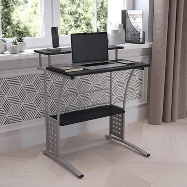 Комп'ютерний стіл Flash Furniture для домашнього офісу, чорна ламінована стільниця, міцний металевий каркас, компактний, з полицею, 60x71x84 см, чорний/сріблястий