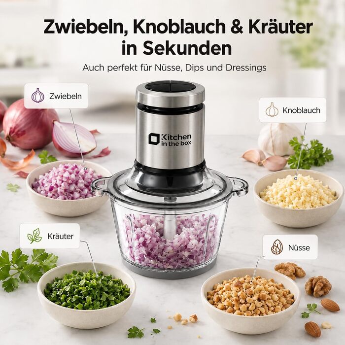 Електричний багатофункціональний подрібнювач Kitchen in the box 400W: 2 чаші по 2л (скло та нержавіюча сталь), 4 ножі, 2 режими швидкості для м'яса, овочів, горіхів та соусів, сріблястий