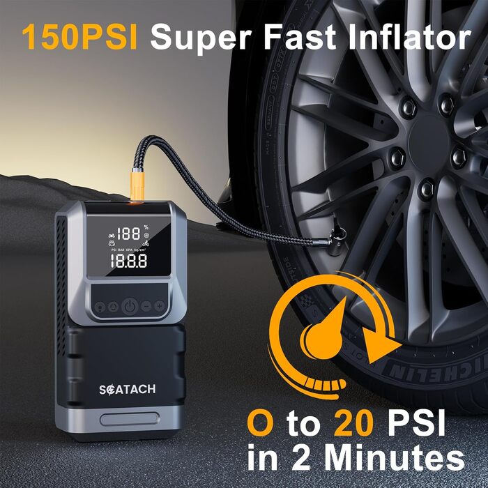 Бустер-стартер для авто з компресором 6000А, 150 PSI, 12V пусковий пристрій для бензинових (до 10л) та дизельних (до 8л) двигунів, з LCD-дисплеєм та ліхтариком
