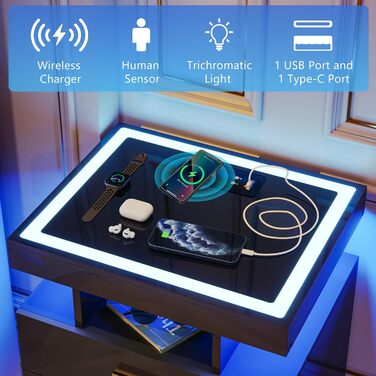 Lvifur LED тумба з підсвіткою, зарядкою та сенсором, 3 ящики, USB Type-C, біла, глянцева, для спальні