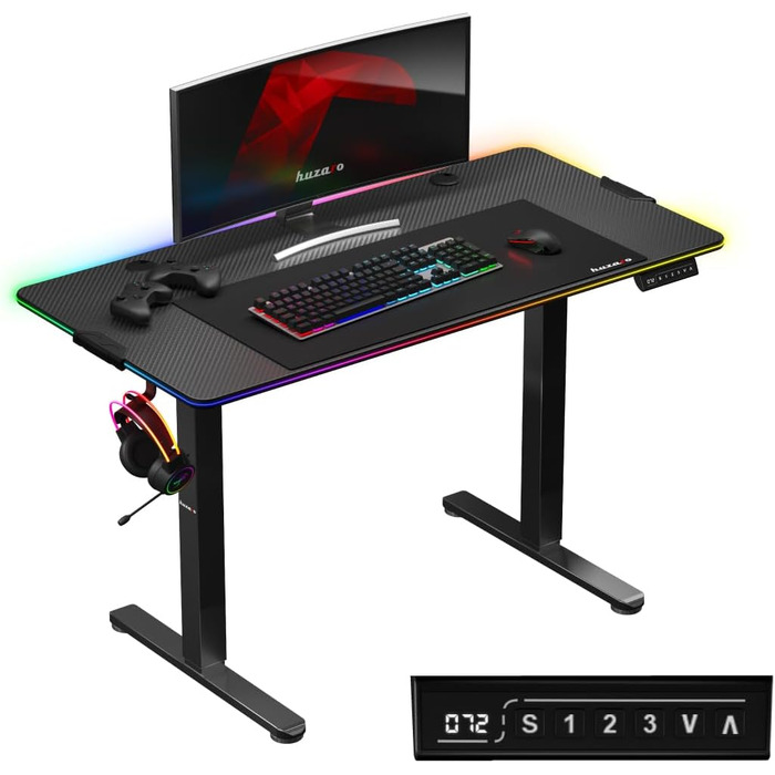 Комп'ютерний стіл Huzaro Hero 8.2 RGB, електричний, LED-підсвітка, регульована висота, 120x60 см, метал, чорний