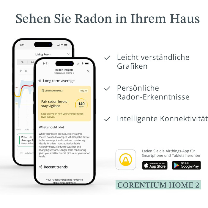 Airthings 325 Corentium Home 2: Радіометр радону з Bluetooth, датчики вологості та температури, портативний