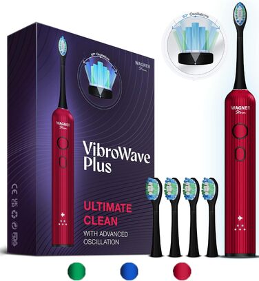 Електрична зубна щітка Wagner Stern VibroWave Plus з 4 насадками, IPX7, червона