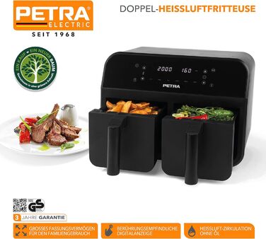 Фритюрниця з гарячим повітрям Petra PT4750BLKVDE XXL 7,4 л, 2400 Вт, подвійна, 2 антипригарні кошики, 6 програм, чорна