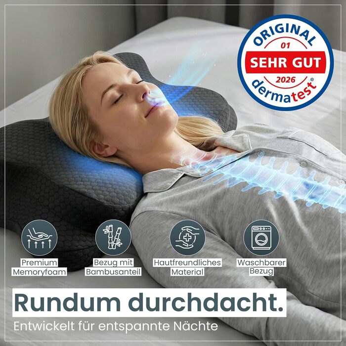Ергономічна подушка для шиї та голови Gentle North з ефектом пам'яті (Memory Foam), універсальна для будь-якого положення сну, зі знімним чохлом, сіра (61 x 40 x 12 см)