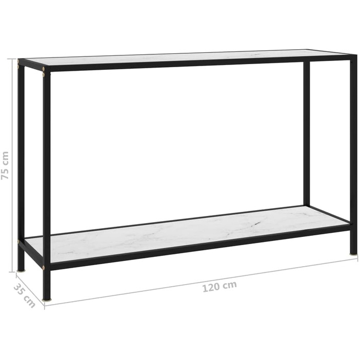 Консольний стіл vidaXL білий 120x35x75 см, загартоване скло, сталева рама, для передпокою, вітальні, туалетний, настінний