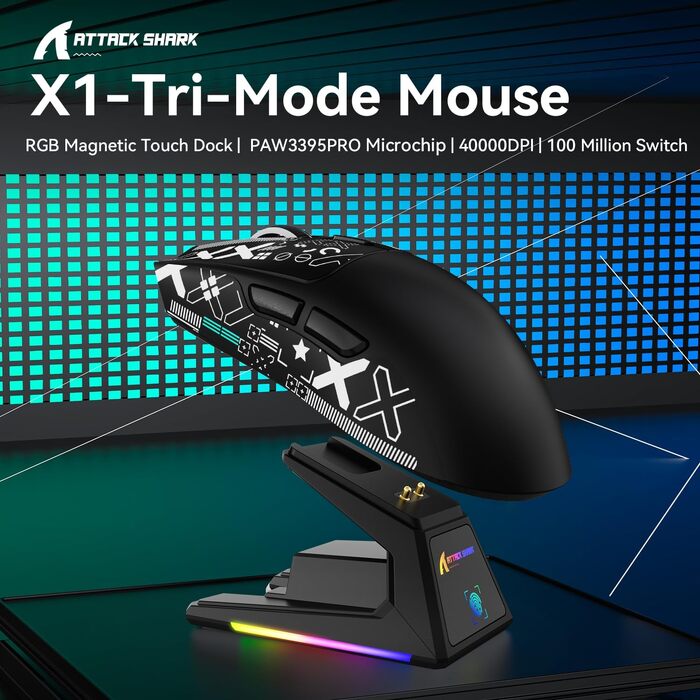 Ігрова миша Attack Shark X1 з RGB док-станцією, сенсором PixArt PAW3395PRO, 40000 DPI, бездротова/дротова (BT/2.4G), вага 53г, біла/чорна