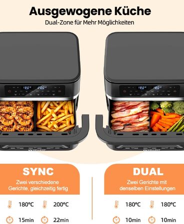Аерофритюрниця WELLENT 12L Dual Zone XXL - двокамерна фритюрниця з гарячим повітрям 2950W (6+6Л), з вікном перегляду, функціями Match & Sync та нагадуванням про струшування, придатна для посудомийки