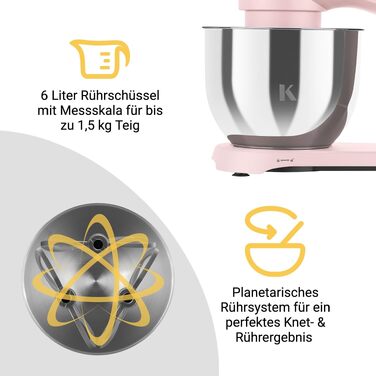 Кухонний комбайн KLAMER 1800W з чашею 6л з нержавіючої сталі, планетарний міксер для тіста з таймером, 10 швидкостей, набір насадок (гак, вінчик, міксер), колір Premium Pink