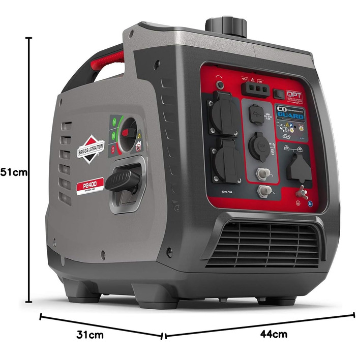 Інверторний бензиновий генератор Briggs & Stratton PowerSmart P2400, 2400 Вт (1800 Вт постійної потужності), 230 В, ультратихий та легкий, сіро-червоний