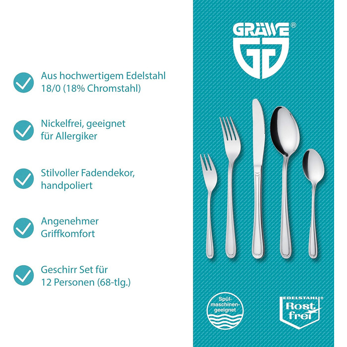 Столовий набір GRÄWE Salzburg для 12 осіб, 68 предметів, нержавіюча сталь, без нікелю, ручне полірування, підходить для посудомийної машини