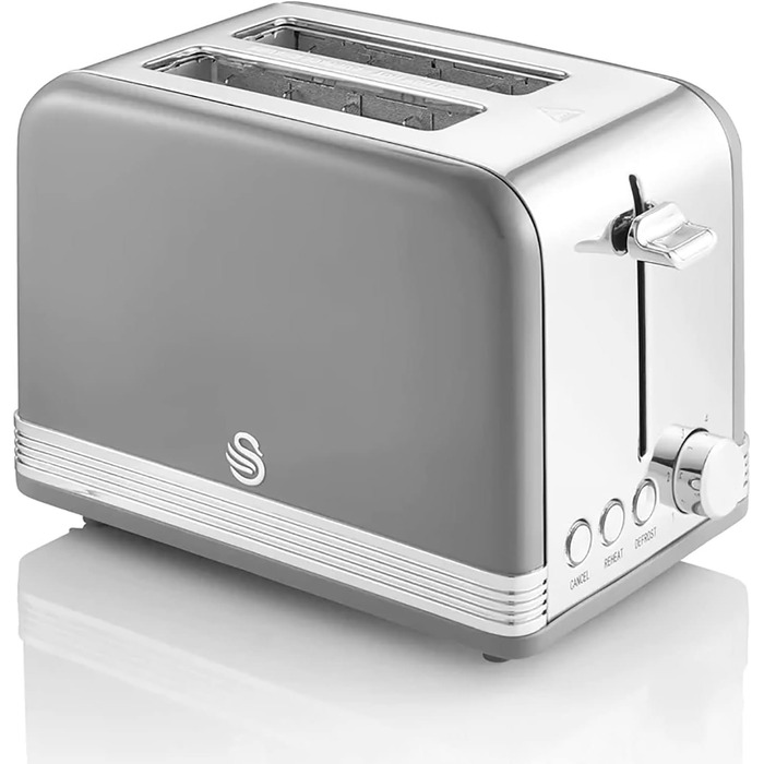 Тостер Swan Retro ST19010GRNEU на 2 скибки, широкий слот, вінтажний дизайн, 3 функції (розморожування, підігрів, скасування), 6 режимів, нержавіюча сталь, сірий, 815 Вт